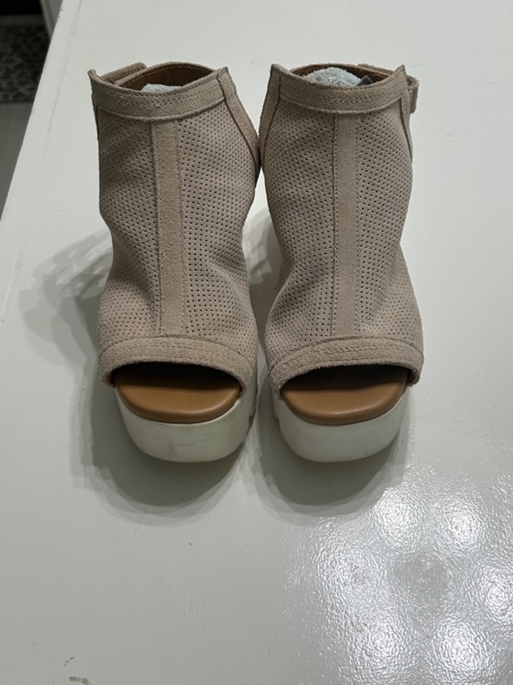 Women’s Beige Peep-Toe Wedge Booties